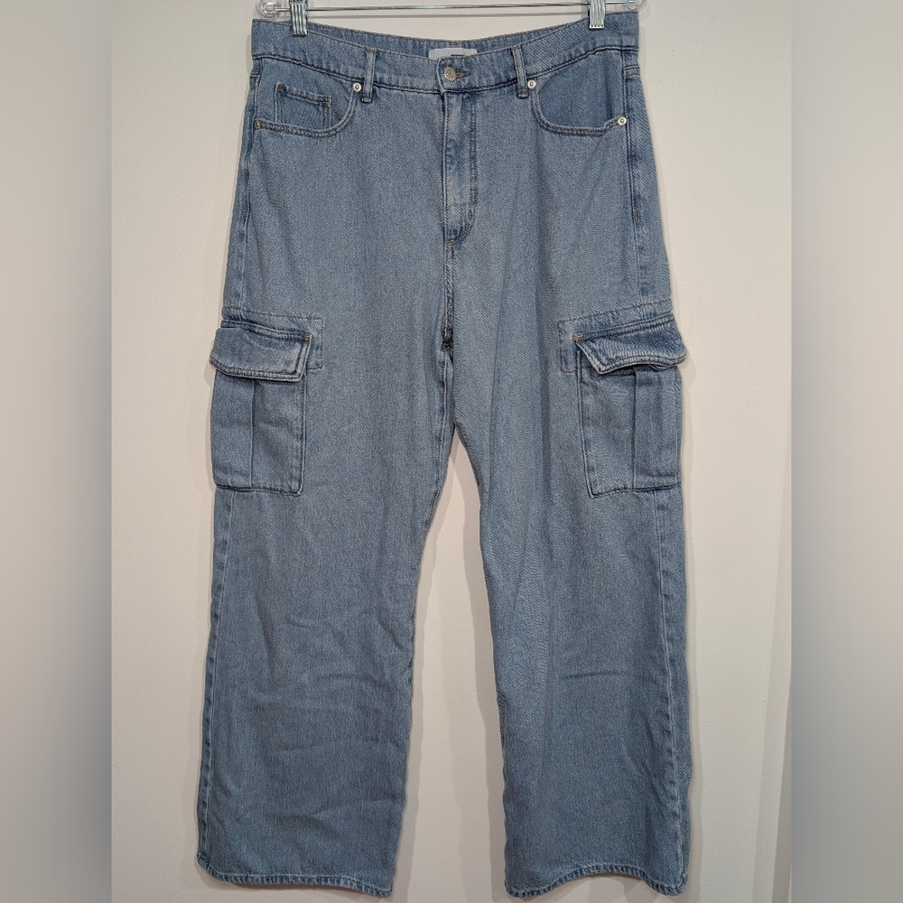 LOFT The Wide Leg Women's 12 Light Blue Denim Cargo Jeans Cotton Blend